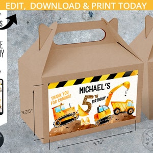 May include: Two brown cardboard favor boxes with handles. Each box has a colorful label featuring construction vehicles and the text "Michael's 5th Birthday." The boxes measure 5.75 inches long and 3.25 inches high.