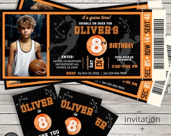 Invitación y etiqueta de boleto de cumpleaños de baloncesto BUNDLE deportes de cualquier edad, fiestas de niños, juegos de pelota, actividades de tiempo. Diseño de tarjeta editable. 218HPA 60D