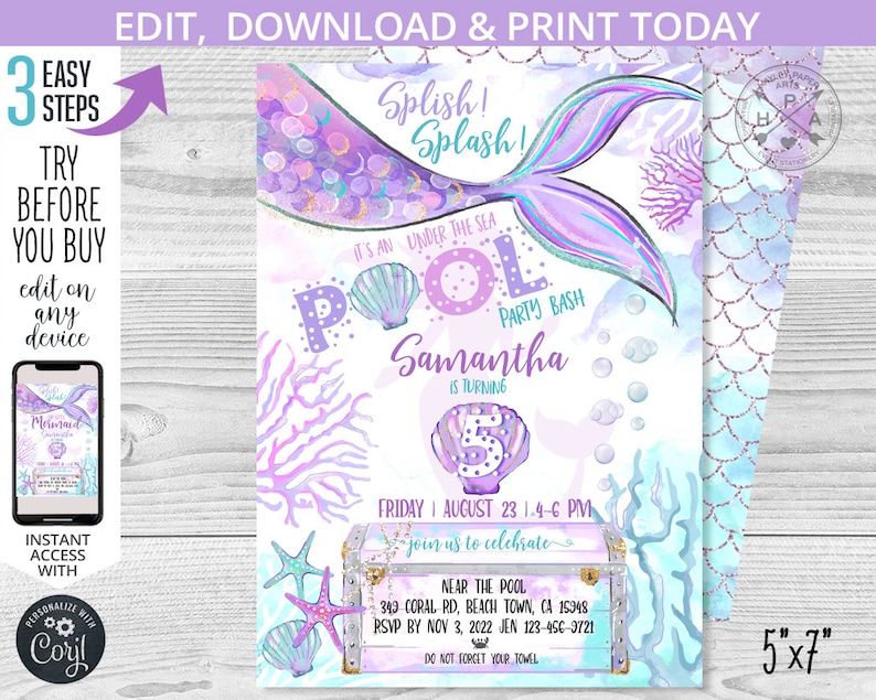 May include: A purple and blue mermaid tail with a seashell and bubbles. The text reads "Splish! Splash! It's an Under the Sea Pool Party Bash Samantha is turning 5. Friday August 23 1:4-6 PM Join us to celebrate. Near the Pool 349 Coral Rd, Beach Town, CA 15948 RSVP by Nov 3, 2022 Jen 123-456-9721 Do not forget your towel. 5"x7"