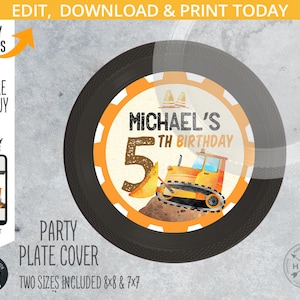 Construction charger plate label, personalized cover. Truck traffic road birthday printable plate labels. Editable design. 180HPA 34 A