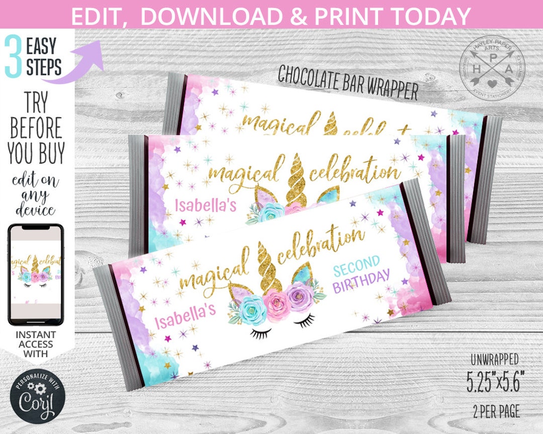 Unicorn Chocolate Bar Wrapper Birthday Celebration Candy Label Magical ...