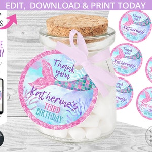 EDITABLE Mermaid thank you favor tag circle round under the sea birthday party first glitter pink. Instant access to template 060HPA 37 B