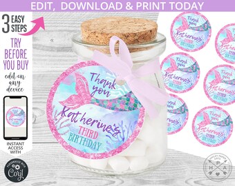 EDITABLE Mermaid thank you favor tag circle round under the sea birthday party first glitter pink. Instant access to template 060HPA 37 B