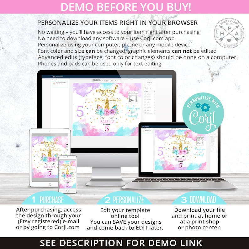 May include: A digital design template for a unicorn birthday party. The design features a unicorn with a pink and blue watercolor background. The text "Magical Birthday Celebration" is written in gold glitter font. The design is customizable with Corjl.com.