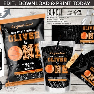 Basketball first birthday bundle, 1st ONE ball, chips bag, water bottle, juice label, rice party pack stars. Editable printables. 218HPA 45
