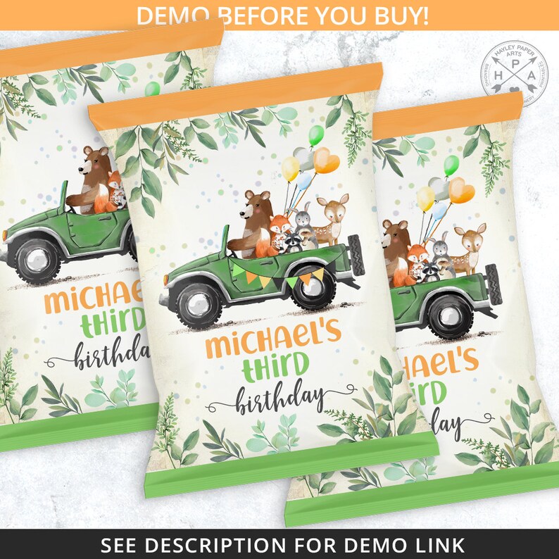 Woodland animals green jeep chips bag favor chip pouch wrapper snacks bags any age boy girl fall birthday party editable template 088HPA 21