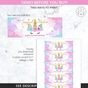 May include: Printable unicorn birthday party banner with a pink, purple, and blue watercolor background. The banner says "magical celebration" and "Isabella's Third Birthday".