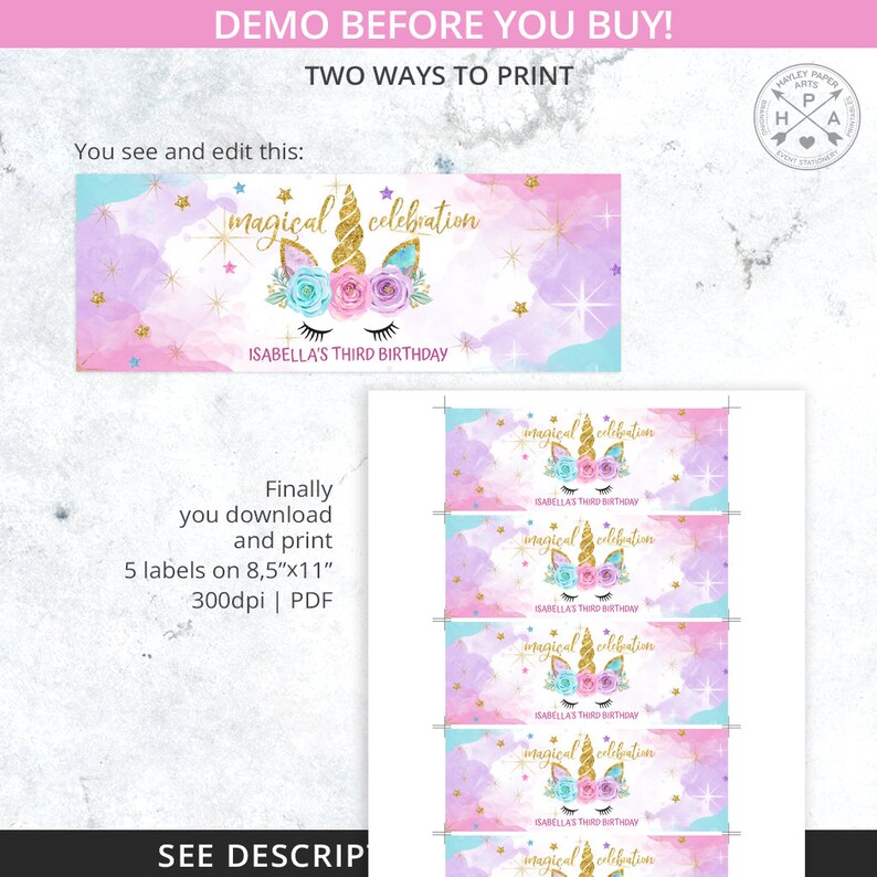 May include: Printable unicorn birthday party banner with a pink, purple, and blue watercolor background. The banner says "magical celebration" and "Isabella's Third Birthday".