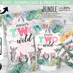 BUNDLE Two Wild chips bag, juice bags, party animals safari rice bar labels, pouch second birthday. Editable printables. 125HPA 47