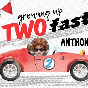 Two fast vintage car race birthday water bottle label 2 second boy speed sport red car racing party. Editable printable. 211HPA 12 B image 2