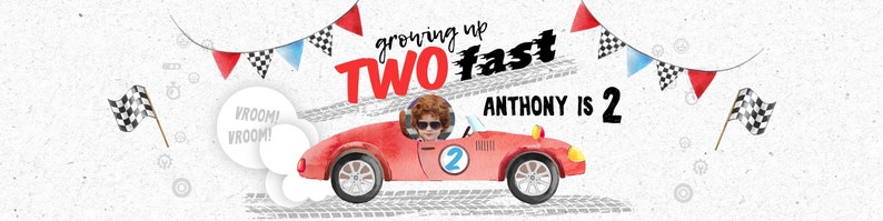 Two fast vintage car race birthday water bottle label 2 second boy speed sport red car racing party. Editable printable. 211HPA 12 B image 2