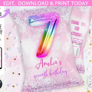 7. Geburtstag Chips Tüte Regenbogen glitter pink Folienballon Seventh Girl SEVEN Party holographic Confetti. Bearbeitbar druckbar. 214HPA 30 G