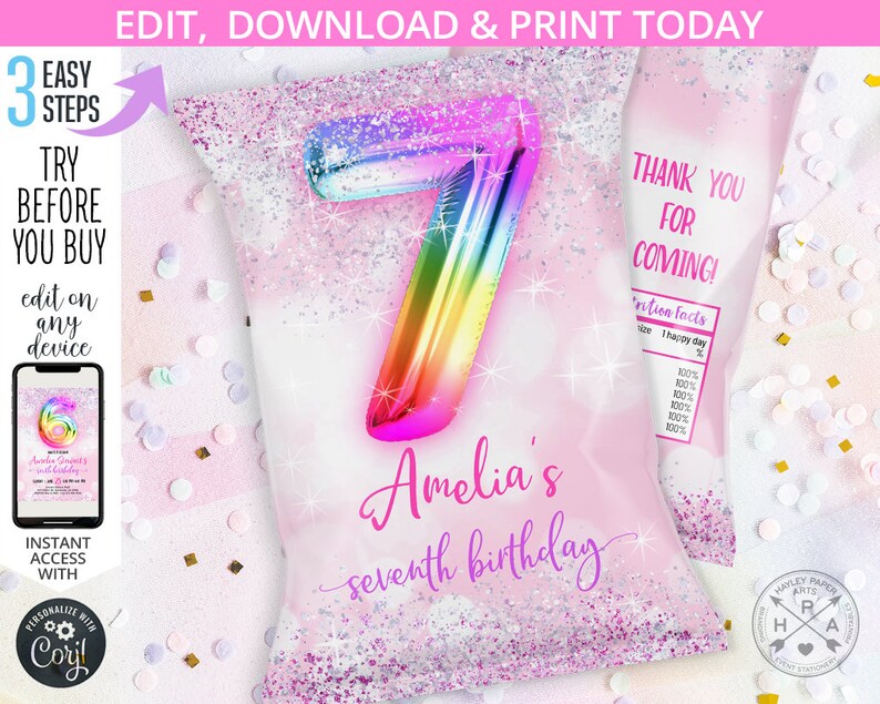 Puede incluir: Dise&ntilde;o de bolsa de chips imprimible rosa y blanca con un globo n&uacute;mero siete arco&iacute;ris y el texto "Amelia's seventh birthday". La bolsa tambi&eacute;n incluye el texto "&iexcl;Gracias por venir!" y "Informaci&oacute;n nutricional".