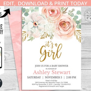 EDITABLE It's a Girl baby shower blush pink gold eucalyptus boho invitation. Instant access to the template. Customized by you. 120HPA 04 image 1