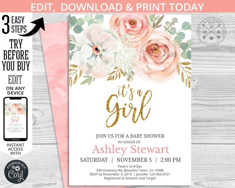 EDITABLE It's a Girl baby shower blush pink gold eucalyptus boho invitation. Instant access to the template. Customized by you. 120HPA 04 image 1