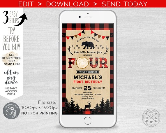 Lumberjack fourth boy birthday electronic invitation 4th party bear, smartphone e-vite, digital invite. Self editing template E133 04 133HPA Il_570xn