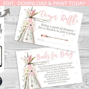 Tarjetas de solicitud de libro de rifa de pañales boho para baby shower TeePee. Flechas tribales rosadas, plumas de orina, boho. Plantilla autoeditable. 106HPA AB