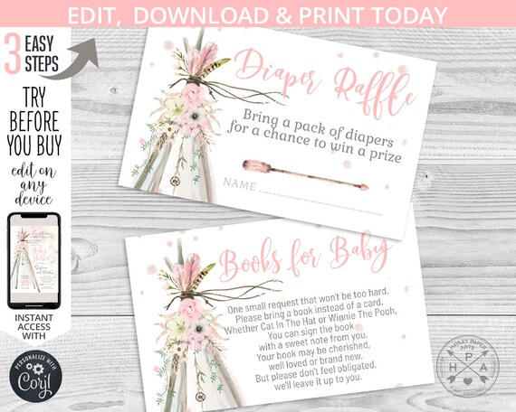 TeePee baby shower boho diaper raffle book request cards. Pink tribal arrows tee pee feathers bohemian. Self EDITABLE template. 106HPA A B Il_570xn