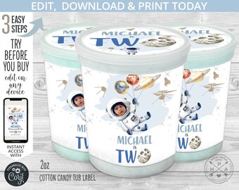 Outer space TWO the moon cotton candy tub label plastic container second trip around the sun birthday labels. Digital printables 153HPA 33 C