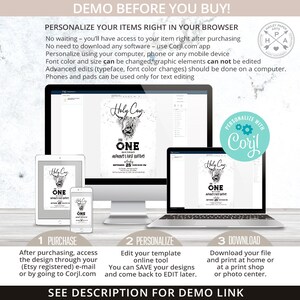 Pu&ograve; includere: Un modello di invito digitale per un primo compleanno con un'illustrazione in bianco e nero di una mucca delle Highlands. Il testo dell'invito recita "Holy Cow! I'm One." L'invito &egrave; personalizzabile tramite l'app Corjl.com.