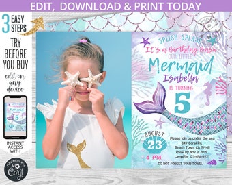 Mermaid birthday under the sea invitation purple teal aqua coral b-day girl photo party invite invitations. Editable template. 060HPA 09