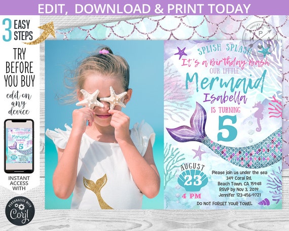 Mermaid birthday under the sea invitation purple teal aqua coral b-day girl photo party invite invitations. Editable template. 060HPA 09 Il_570xn