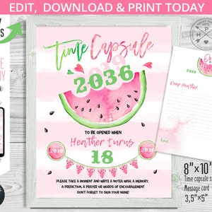 EDITABLE Time Capsule sandía niña uno en un cartel de fiesta de cumpleaños de melón y tarjeta de mensaje. Acceso instantáneo a la plantilla. 050HPA 11