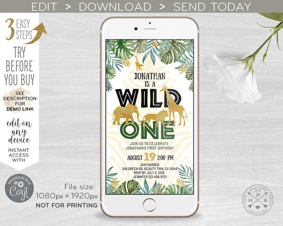 Jungle wild one electronic invitation gold safari animals birthday sms smartphone e-vite, digital online invite. 400HPA E040 09 040HPA Il_570xn