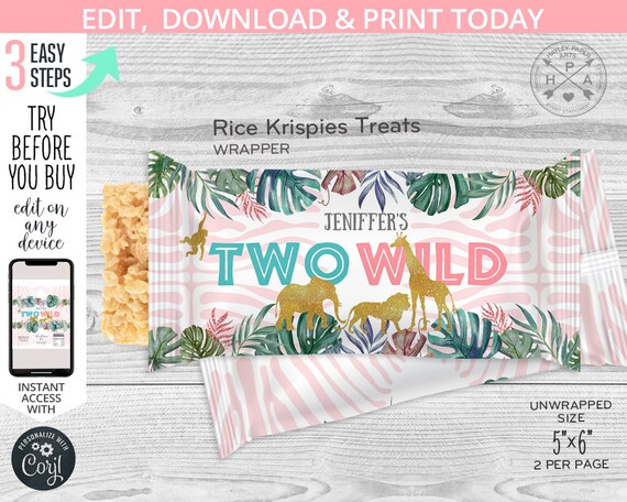 Jungle two wild rice krispies treats safari animals wrapper label, second birthday favors krispy crispy treat Editable template. 041HPA 37 D Il_570xn