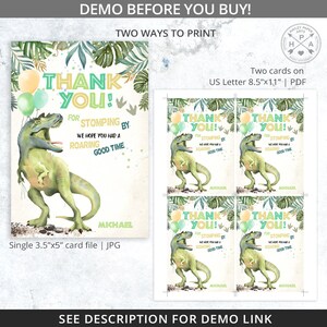 May include: Dinosaur-themed thank you cards. The design features a green dinosaur with balloons and tropical leaves. The text reads "Thank You! For stomping by, we hope you had a roaring good time." Includes a single 3.5"x5" card file and a PDF with two cards.