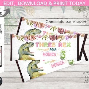 Three rex dinosaur chocolate candy bar wrapper labels dino T-Rex wrapper third girl birthday favors. Editable printable. 137HPA 33 A