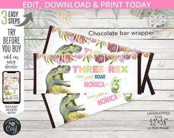 Three rex dinosaur chocolate candy bar wrapper labels dino T-Rex wrapper third girl birthday favors. Editable printable. 137HPA 33 A