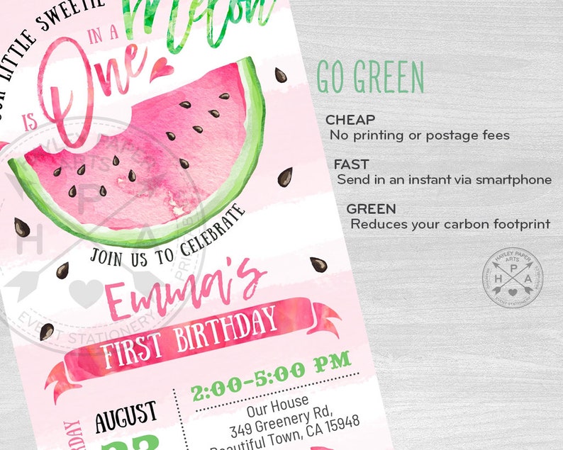 Watermelon one in a melon electronic first birthday invitation smartphone e-vite pink digital invite. Instant download. E050 01 050HPA image 4