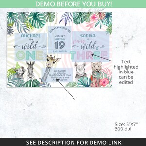 May include: Two jungle-themed birthday party invitations. The first invitation is for a boy's first birthday and features a giraffe, zebra, and a monkey. The second invitation is for a girl's third birthday and features a rhinoceros, a tiger, and pink flowers. The text on the invitations is in blue and says "Michael is wild one" and "Sophia is young wild & three".