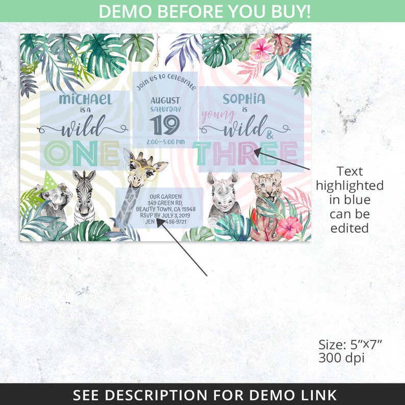 May include: Two jungle-themed birthday party invitations. The first invitation is for a boy's first birthday and features a giraffe, zebra, and a monkey. The second invitation is for a girl's third birthday and features a rhinoceros, a tiger, and pink flowers. The text on the invitations is in blue and says "Michael is wild one" and "Sophia is young wild & three".