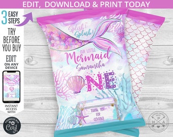 Mermaid chips bag, ONE purple teal favor treats bags, chip pouch wrapper, under the sea first birthday party. Editable printable 199HPA 30 B