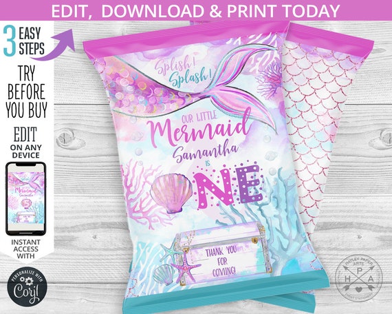 Mermaid chips bag, ONE purple teal favor treats bags, chip pouch wrapper, under the sea first birthday party. Editable printable 199HPA 30 B Il_570xn