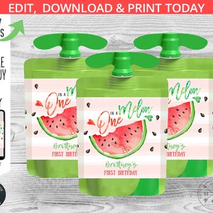 Eine in einem Melonen-Apfelmus-Beuteletikett, Kind-Säuglingskostbeutel, Squeeze, Wassermelone rot grün, erste Geburtstagsfeier bearbeitbare Vorlage 051HPA-20