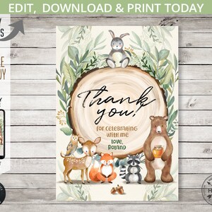 May include: A woodland-themed thank you card featuring a brown bear, a raccoon, a fox, a deer, and a rabbit. The card has a woodgrain background with green leaves and the text "Thank you! for celebrating with me Love, Roland".