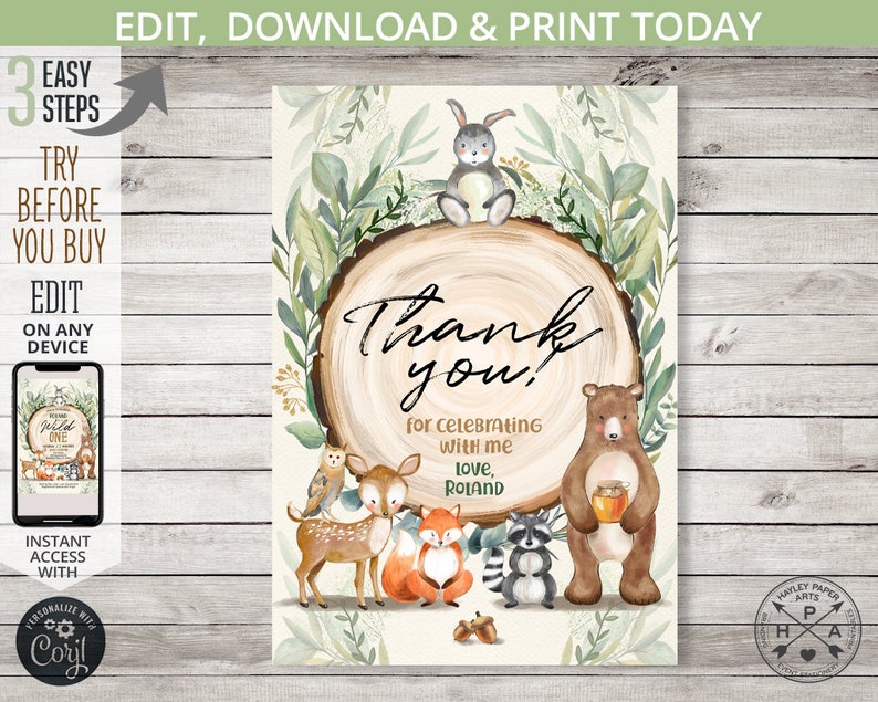 May include: A woodland-themed thank you card featuring a brown bear, a raccoon, a fox, a deer, and a rabbit. The card has a woodgrain background with green leaves and the text "Thank you! for celebrating with me Love, Roland".