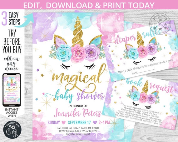 BUNDLE Unicorn magical baby shower invitation diaper raffle book request cards purple pink gold magic Instant access to templates. 056HPA 02 Il_570xn