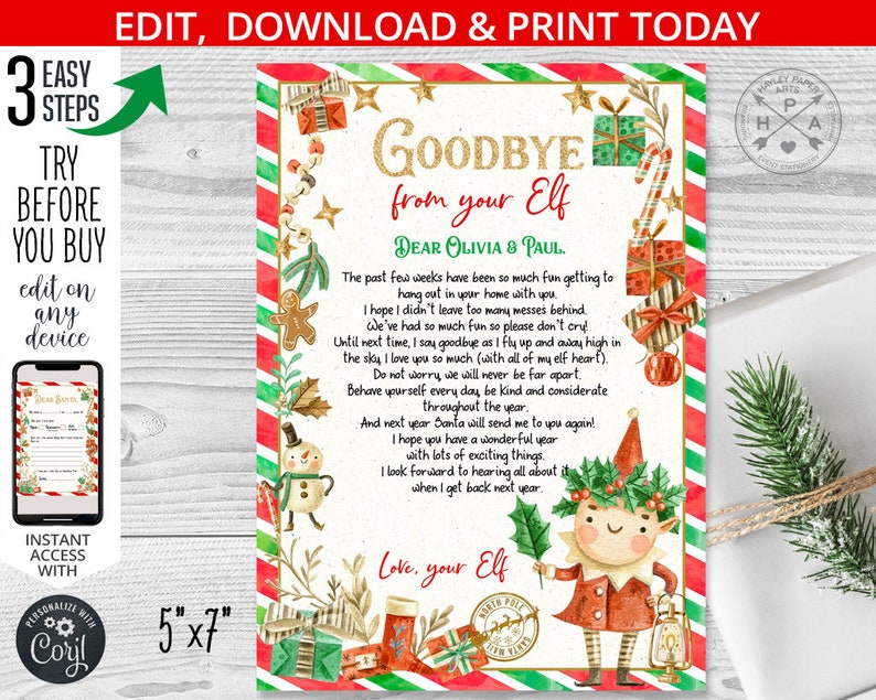 May include: A festive 5"x7" printable letter from an elf, featuring a cheerful elf illustration and the text "Goodbye from your Elf." The letter is decorated with Christmas elements like gifts, candy canes, and stars, with the text "Edit, Download & Print Today."