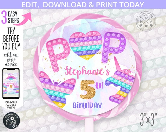 Lollipop pop it party fidget toys candy label sticker 3x3 purple pink girl any birthday. Instant access to the online template. 175HPA 17 F Il_570xn