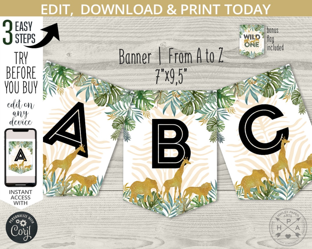 EDITABLE Jungle Alphabet All Letters Banner Garland Safari Animals Wild