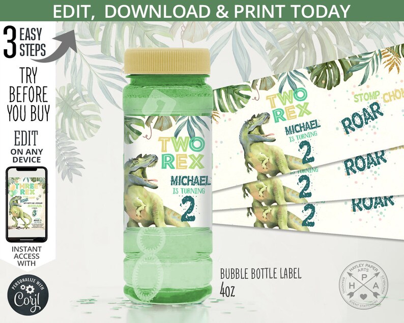 May include: Editable dinosaur-themed bubble bottle label with green and white foliage, a dinosaur illustration, and the text "Two Rex" and "Michael is turning 2".