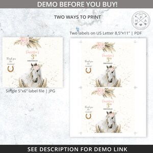 May include: Two printable designs for a 3rd birthday party featuring a white horse with a pink floral crown, gold glitter, and the text "Vanessa's 3rd Birthday". One design is a single 12.7x15.2 cm label, the other is two labels on a US Letter size sheet.