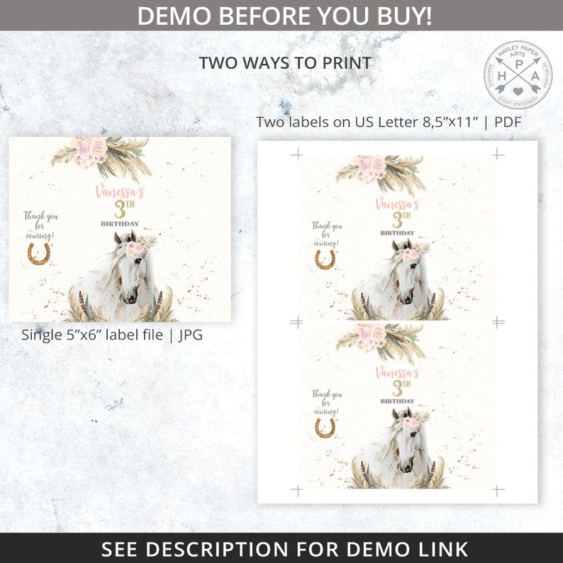 May include: Two printable designs for a 3rd birthday party featuring a white horse with a pink floral crown, gold glitter, and the text "Vanessa's 3rd Birthday". One design is a single 12.7x15.2 cm label, the other is two labels on a US Letter size sheet.