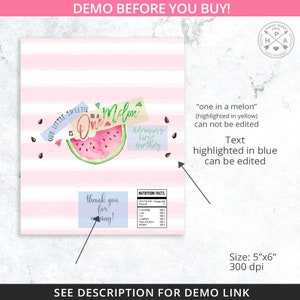 May include: A pink and white striped invitation with a watercolor watermelon slice and the text "One in a Melon." Includes text that reads "Adriana's First Birthday" and "Thank you for coming!"