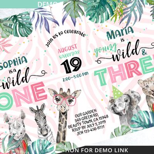 Puede incluir: Una invitaci&oacute;n de cumplea&ntilde;os de tem&aacute;tica de selva rosa y verde para una ni&ntilde;a que cumple tres a&ntilde;os. La invitaci&oacute;n presenta una jirafa con gafas, una cebra, un rinoceronte y un elefante. El texto de la invitaci&oacute;n dice "Maria is young wild & three" y "Sophia is a wild one".