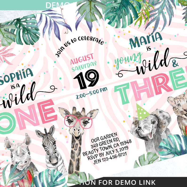 Puede incluir: Una invitaci&oacute;n de cumplea&ntilde;os de tem&aacute;tica de selva rosa y verde para una ni&ntilde;a que cumple tres a&ntilde;os. La invitaci&oacute;n presenta una jirafa con gafas, una cebra, un rinoceronte y un elefante. El texto de la invitaci&oacute;n dice "Maria is young wild & three" y "Sophia is a wild one".